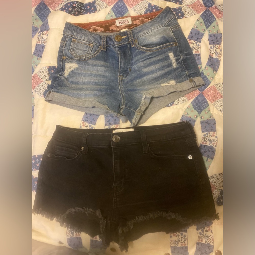 Bundle of 2 Mudd Blue and Black Jean Shorts, blue size 3, and black size 9